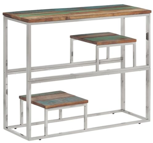 vidaXL Konsolentisch, Konsole Beistelltisch mit Ablagen, Wandtisch für Wohnzimmer Flur, Flurtisch Tisch, Modern, Silbern Edelstahl Altholz Massiv