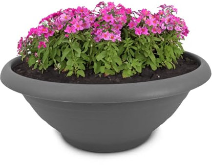 Pflanzkübel und Untersetzer als wetterfeste Pflanz-Schale mit Loch - runder 35 cm Pflanztopf in grau als frostsicherer Blumenkübel für außen - großer Pflanzentopf als Grab-Schmuck Blumentopf