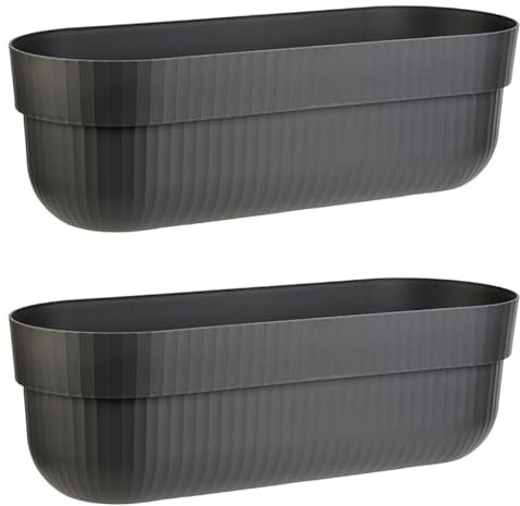 Engelland - 2 x Blumenkasten, Blumentopf, Farbe: Anthrazit, Pflanzkasten mit Wasserspeicher/Drainagesystem und Abstandshalter, 50 cm, PP-Kunststoff, Balkonkasten, länglich, formstabil