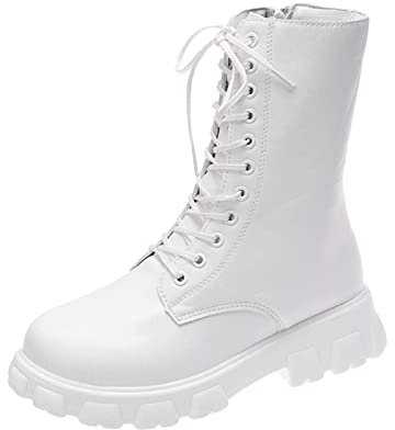 Botines para Mujer Con Tacón, Cordones y Plataforma - Botas de Salto Con Cremallera, Combate, Equitación y Militares - Tallas 37-42, Blanco, 41 EU