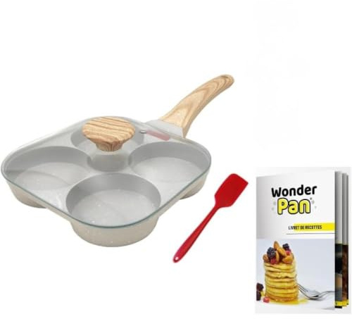 MYBO TV WONDER PAN Poêle 4 Compartiments - Antiadhésive - Tout Feux Dont Induction - Couvercle en Verre - Spatule en Silicone - Livret de recette disponible TÉLÉCHARGEABLE - POELE A PANCAKES