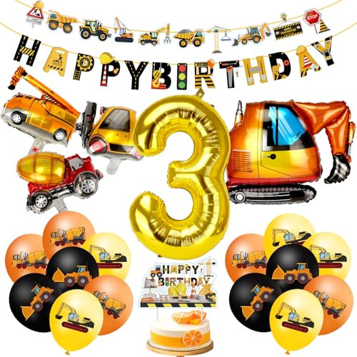 MUEZDUR XXL Bagger Deko Kindergeburtstag 3, Geburtstagsdeko 3 Jahre Jungen Baustellen Geburtstagdeko Junge 3 Jahre Folienba-llon Luftba-llons Traktor Bagger Happy Birthday Banner für Junge Party Deko