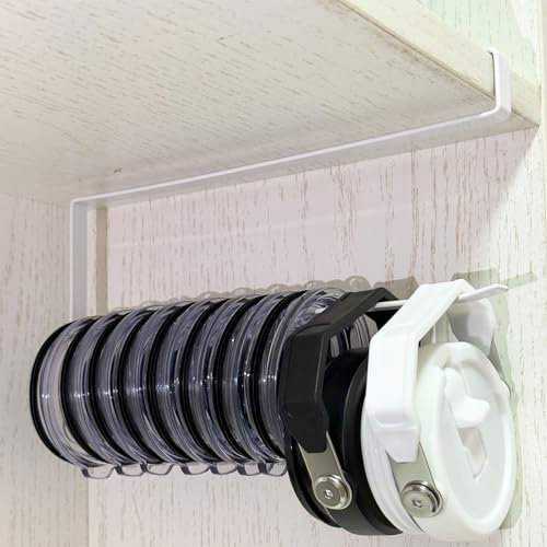 Tumbler Lid Organizer – Space-Saving Cup Lid Holder Under Cabinet, Horizontal Tumbler Lid Storage Hook Up to 10 Lids - Hanging Tumbler Lid Hook, Lid Hanger for Kitchen Storage and Organizer (White)