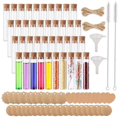 Eowppue Kleine Reagenzgläser - 40 Stück Glasröhrchen mit Korken, DIY Kunststoff Reagenzgläser, Inklusive Anhängern, Hanfseil und Mini-Trichtern - Ideal für Dekoration, Handwerk und Verschenken