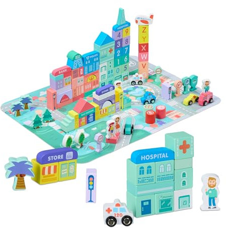 Relaxdays Blocs de Construction Ville, Set A, 108 pièces, Tapis de Puzzle, bâtiments, Lettres, Chiffres, Multicolores
