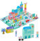 Relaxdays Holzbausteine Stadt, 108 Bauklötze, Puzzlematte, mit Gebäuden, Buchstaben, Zahlen, Bausteine ab 3 Jahren, bunt, A