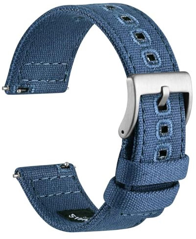 WOCCI 18mm Segeltuchstoff Uhrenarmband, Schnellverschluss, Ersatzband, Silberne Schnalle (Leichter Denim)