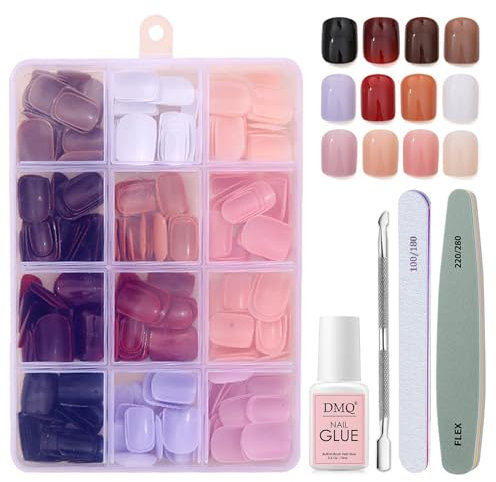 DMQ Short Press On Nails Kit, 360Pcs Square False Nails - 12 Colors Glossy Fake Nails, Nude Pink Red Brown Black Stick on Nails with Glue, Full Cover Glue On Nails for Women DIY Nail Art at Home