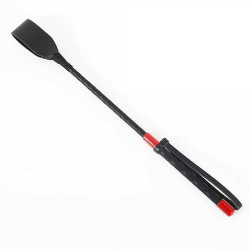 Fuwok Reitgerte und Peitsche aus Leder mit Lederhalter, Schwarz / Rot, 45 cm