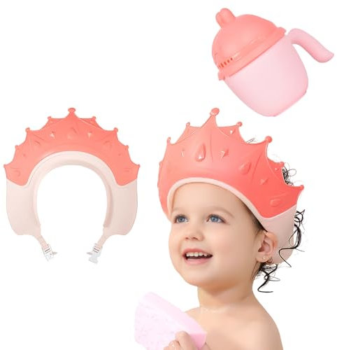 Bonnet de douche pour enfants, Bonnet de Douche Bébé avec gobelet à shampoing, Shampoing Chapeau Protégez, Protégez les Yeux et Oreilles des Enfants, Réglable Visière Bonnets de Bain (Rose)