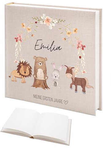 wunderwunsch Fotoalbum Einschulung personalisiert, Gästebuch, Deko, Erinnerungsalbum Schule, Geschenk Taufe, Kindergarten, Geburt, Geburtstag individualisiert (Tiere Blumenkreis)