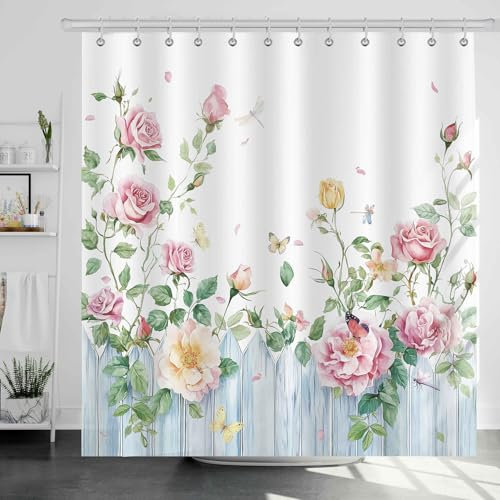 Dazzlewall Blumen Duschvorhang 180x180cm, Rosa Rosen Blauer Zaun Duschvorhänge, Wasserdicht Anti-Schimmel Polyester Stoff Waschbar Vorhang für Badezimmer Badewanne mit 12 Haken