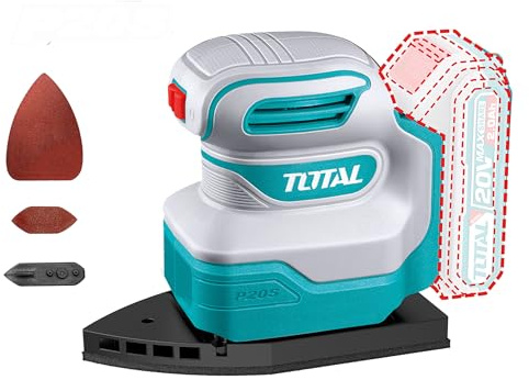 TOTAL - Lijadora Delta a Batería | Batería de 20V de Larga Duración | Fácil de usar | Incluye 3 Almohadillas y 3 Lijas Delta | Perfecta para Esquinas y Bordes | Velocidad en Vacío 12000 rpm