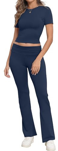 IWOLLENCE Lounge Set Damen Zweiteiler Hausanzug Kurzarm Oberteil mit Breitem Elastischem Hosenbund Schlaghose Loungewear Set (Dunkelblau, S)