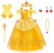 BSBUY Belle Kostüm Kinder Mädchen, 7Pcs Kleid Kinder mit Krone Schmuck Handschuhe Zauberstab Halskette und Ringe Princess Costume für Verkleidung Karneval Halloween Geburtstag Prinzessin Dress Up(110)