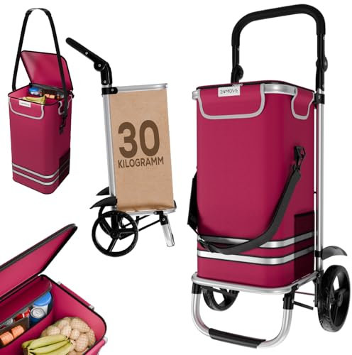 24MOVE® Einkaufstrolley Vehlo klappbar mit 55L inkl. Kühlfach, Faltbarer 3in1 Trolley - Sackkarre und Tasche, bis 30kg belastbar, rot