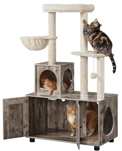 Abician Maison de Toilettes pour Chat Meuble Litiere Polyvalent avec Niche, Cachette, Panier, Griffoirs 80 × 45 × 134,5 cm Gris/Beige