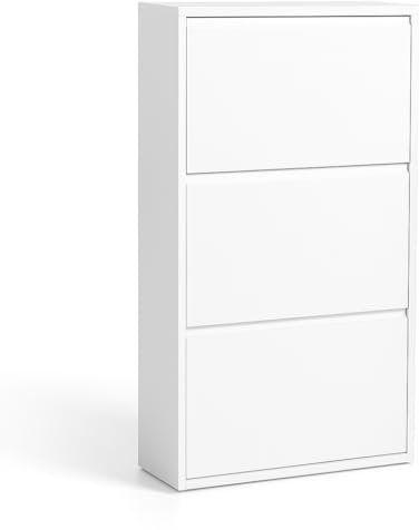 3-Tier Drawer Metal Shoe Cabinet – Slim Modern Shoe Storage Organizer with Pulldown Doors for Entryway, Hallway or Closet - Wall Mounted (Matte White)