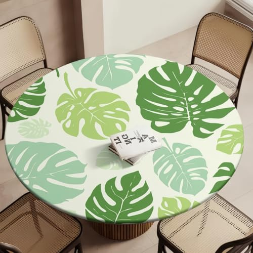 PEIHUODAN Nappe Ronde avec élastique, Motif Marbre 3D Plante Fleur Feuille Verte Nappes Imperméable Résistante à l'huile, pour Intérieur Extérieur Cuisine Salon, Nappe Jardin (160 cm, Vert foncé)