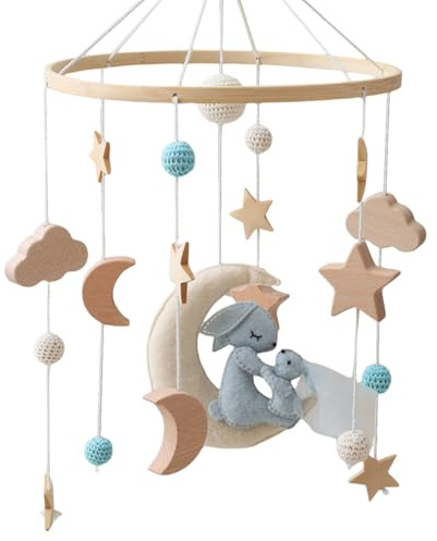 Mobile Baby Mond Hase Baby Bettglocke mit Sterne Wolken Windspiele Baby Mobile Niedlich Babyzimmer Deko Neugeborene Geschenk für Jungen Mädchen