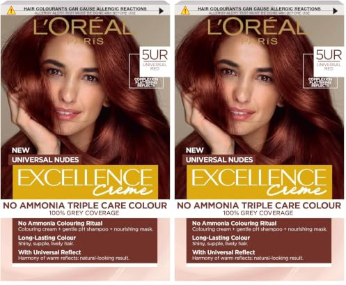 L’Oréal Excellence Permanent Hair Dye Colouring Cream, 100% Grey Coverage, With Pro-Keratin, Ammonia-Free, Universal Nudes, 5UR Red (Pack of 2)