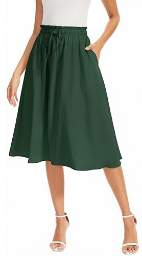 WUWUSKY Damen Rock Sommer Midi Langer Swing-Röcke Hohe Taille Skirt A-Linie Midiskirt Elegant Röcke mit Taschen mit Taschen,Dunkelgrün,XL