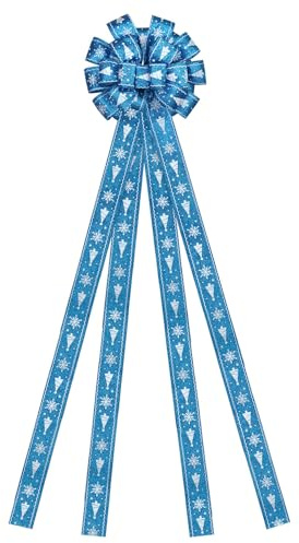 Dayker Christmas Tree Topper Bow, 51x13 Inches Blue Large Ribbon Ornaments | Xmas Wreath Bows with Wired Edge, Handmade Snowflake Long Streamer Decor, for Home Party Supplies Festival Wedding Backdrop