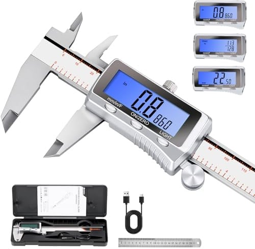 HARDELL Rechargeable Backlit Vernier Caliper, 150mm Digital Vernier Caliper with Large LCD Screen, Stainless Steel Caliper Measuring Tool, Auto-Off Micrometer, Inch/MM/Fraction for DIY/Household
