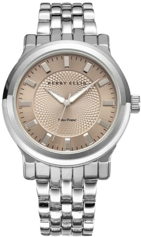 Perry Ellis Solar Herrenuhr - Sandstein Zifferblatt Silber Legierung Band Wasserdicht Analog