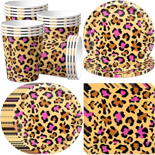 pekifaves Leopard Partygeschirr Set für 16 Gäste, Leoparddruck Geburtstag | Party Teller Servietten Tassen, Tierdruck Pappteller Kindergeburtstag Set für Dschungel Safari Geburtstagsdeko