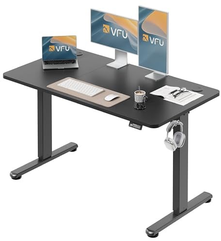 VFU Höhenverstellbarer Schreibtisch mit Speichertasten, 120 x 60 cm | Schreibtisch elektrisch mit Haken, 73–118 cm stufenlos verstellbar, Einfache Montage Stehpult, Computertisch für Homeoffice