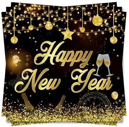 20St Silvester Servietten,Happy New Year Servietten,2026 Papierservietten Tischdeko Schwarz Gold Silvester Neujahr Deko mit Goldmetallischer Aufschrift,Tischdeko für Neujahr Party Dekoration,33x33cm