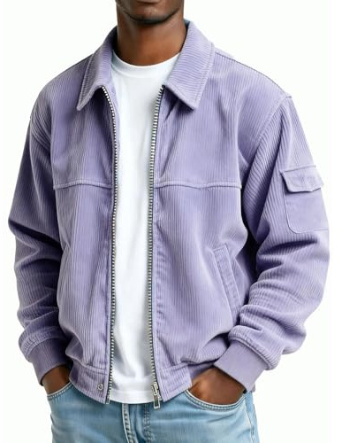 Dyhxuan Veste chemise pour homme - Veste surdimensionnée en velours côtelé - Fermeture éclair - Veste de mi-saison - Couleur unie - Veste de loisirs - Manches longues, Violet, XXL
