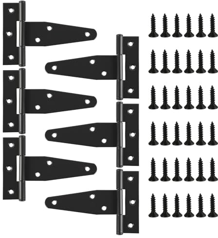 6 PCS T-Scharniere Schwerlast, 100mm, T-Scharniere Klappbar, Türscharniere Klappbar Verzinkt mit 36 Schrauben, Schwarze Türbänder Außen für Schuppentüren, Gartentüren, Fenster, Tore und Zäune
