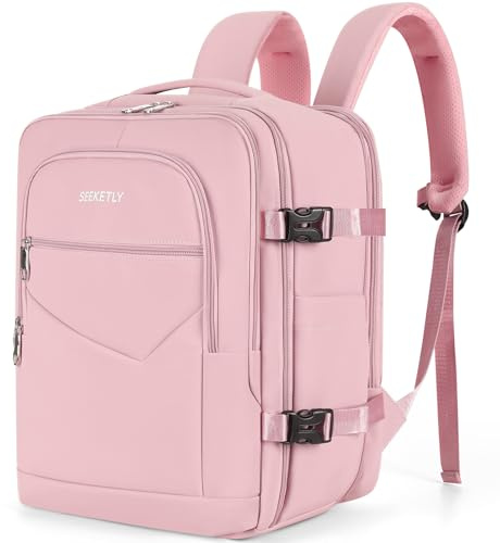 SEEKETLY Ryanair Handgepäck Rucksack 40x30x20 Reiserucksack Flugzeug | Erweiterbar 40x30x25 Reisetasche Eurowings Transavia WizzAir Vueling,24L-30L,Reiserucksack für 15,6 Zoll Laptops Rosa