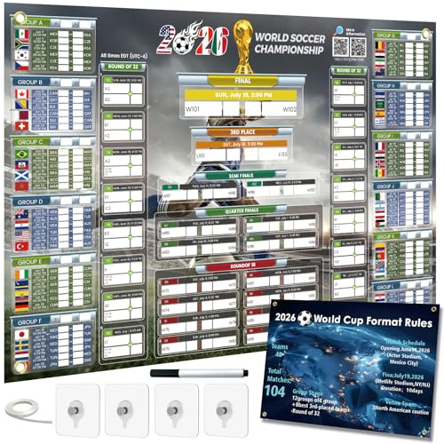 FZIIVQU Aktualisierter Fußball WM-Spielplan 2026 mit Live-Ergebnis QR-Code | 84,1x59,4CM Wandkalender, Großdruck für alle Altersgruppen, Vatertagsgeschenk für Zuhause, Bar & Büro (UTC-4)