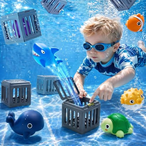 PKKP Unterwasser Rettungsspielzeug für Kinder, 12er Set Tauchspielzeug Pool mit 6 Tauchkäfigen & 6 schwimmenden Meerestieren, Wasserspielzeug Badespielzeug für Schwimmtraining Badewanne, Geschenk