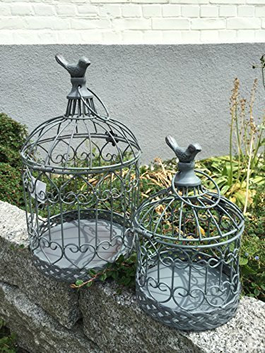 Dekokäfig Pflanzkäfig Käfig Vogelkäfig Windlicht 2er Set Garten Deko Shabby Grau