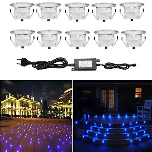CHNXU 10 Spot LED Eclairage Extérieur Encastrable Sol Terrasse Bois,45mm Spots Encastré Extérieur Fait en IP67 DC12V 1W Avec Alimentation EU Pour Jardin Escalier Patio Bleu