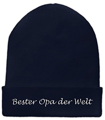Beanie-Mütze mit Namen Bester Opa der Welt Bestickt - Farbe Blau - personalisierte Mütze, Strickmütze, Namensstickerei