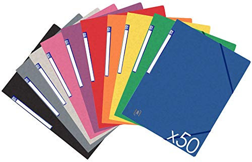 OXFORD TopFile+ Lot de 50 Chemises en carton 3 rabats Attaches élastiques format A4 10 couleurs assorties