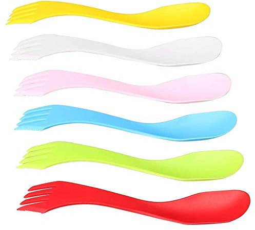 NA 6Pcs Plastic Spork Lightweight & Strong All In One Camping Cutlery Spoon Fork Knife Set Portable and Reusable Camping Spork Flatware for Backpacking Hiking Outdoors