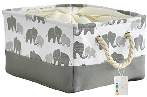 OYHOMO Faltbare Aufbewahrungskorb Verdicktes Canvas-Stoff Aufbewahrungsbox Rechteck Regalkorb Organizer mit Kordelzug und Baumwollseilgriff, Grau Elefant - M