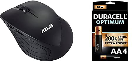 ASUS WT465 Wireless Optical Mouse - Black+Duracell NEW Optimum AA Alkaline Batteries [Pack of 4] 1.5 V LR6 MX1500