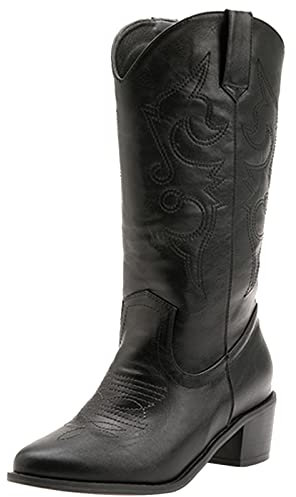 MJIASIAWA Mujer Invierno Media Pierna Cowboy Western Embroiderojo Sin Cordones Boots Comfy Chunky Clásica Riding Warm Botas Media Pierna Negro Talla 44 EU/46 Asiática