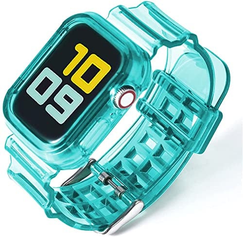 Fleshy Leaf Compatible with Apple Watch Bands Series SE 7 6 5 4 3 2 1, Clear Soft Silicone Strap with Bumper Protective Cases for Apple Watch Series 42/44/45 mm 38/40/41 mm (42/44/45 mm, Turquoise)