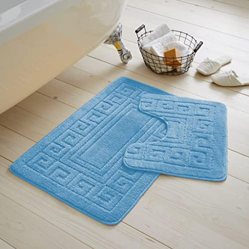 Artistic Fashionista Limited 2 Pieces GREEK Bath Mat Rugs for Bathroom - Non Slip Anti Mould Bath Mat Set - Soft - Extra Water Absorbent Pedestal Ultra Plush Bathroom Mats Toilet Shower Set (Blue)