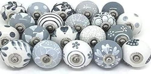 ATCUSA Indian Handmade Assorted Grey Ceramic Door Knobs and Pulls | Kitchen Cabinet Knobs for Dresser Drawers | Drawer Pulls | Almirah knobs | Vanity knobs | Grey & White Painted knobs (12)