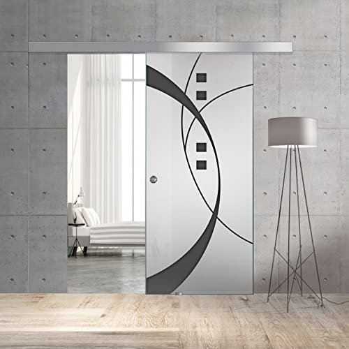 BOSS Porte coulissante en verre Modele SHINE 80x215 cm (60/80/90 cm) Verre Satine 8 mm, modele sable nano-traitement anthracite, kit de quincaillerie complet (80x215 cm, DROIT)