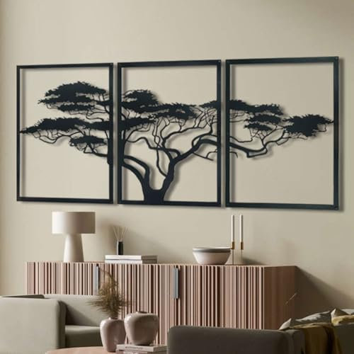 Harmonie Design Arbre de Vie Africain | Décoration murale en métal | Deco murale noir industrielle | Tableau grand modern original pour salon (114 x 60 cm)